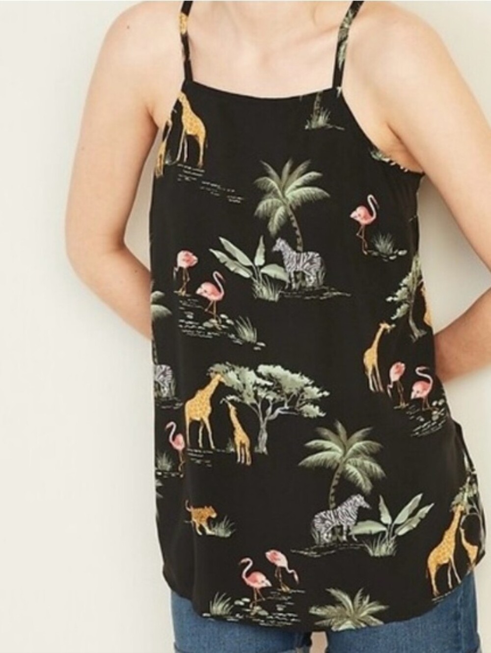 Old Navy Black Safari Cami with Flamingo & Giraffe Motif